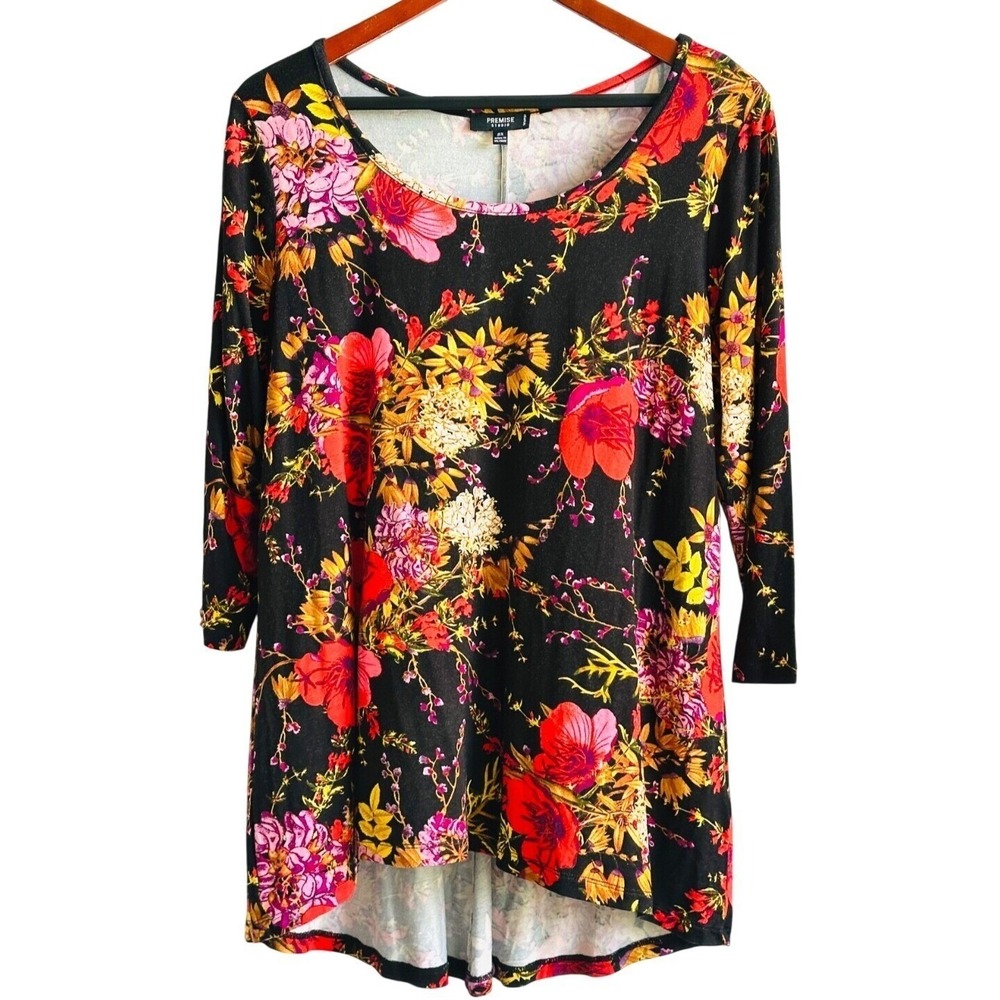 Premise Studio Tunic Top Black Floral 3/4 Sleeve Stretch Jersey Women's 0X NWT